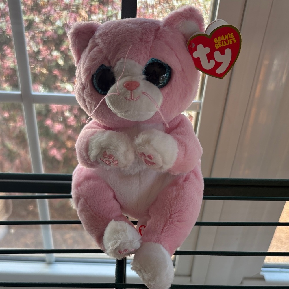 Ty Pink and White Beanie Bellies Plush Cat with Blue Eyes